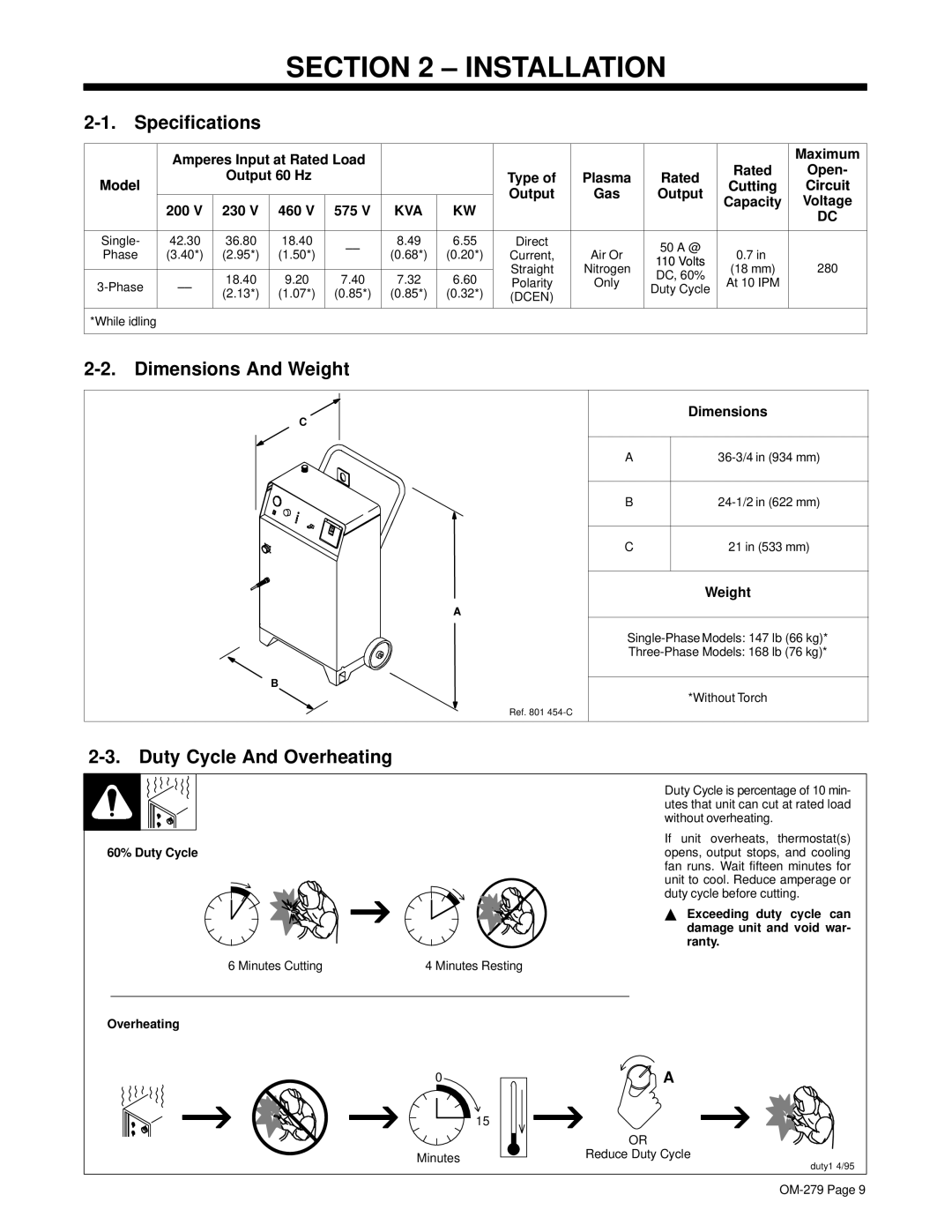 Hobart 750 manual Installation, Specifications, Dimensions And Weight, Duty Cycle And Overheating 