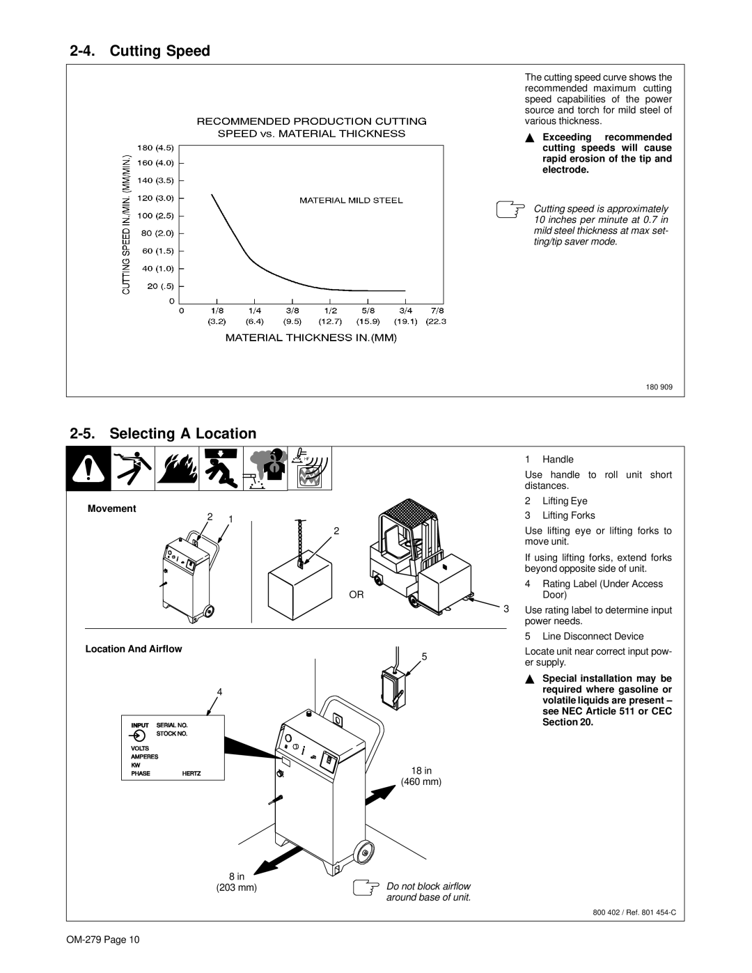 Hobart 750 manual Cutting Speed, Selecting a Location, Movement Location And Airflow, Special installation may be, Section 