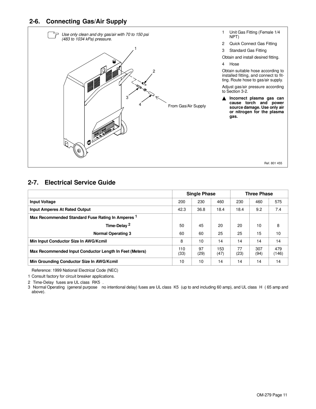 Hobart 750 manual Connecting Gas/Air Supply, Electrical Service Guide 