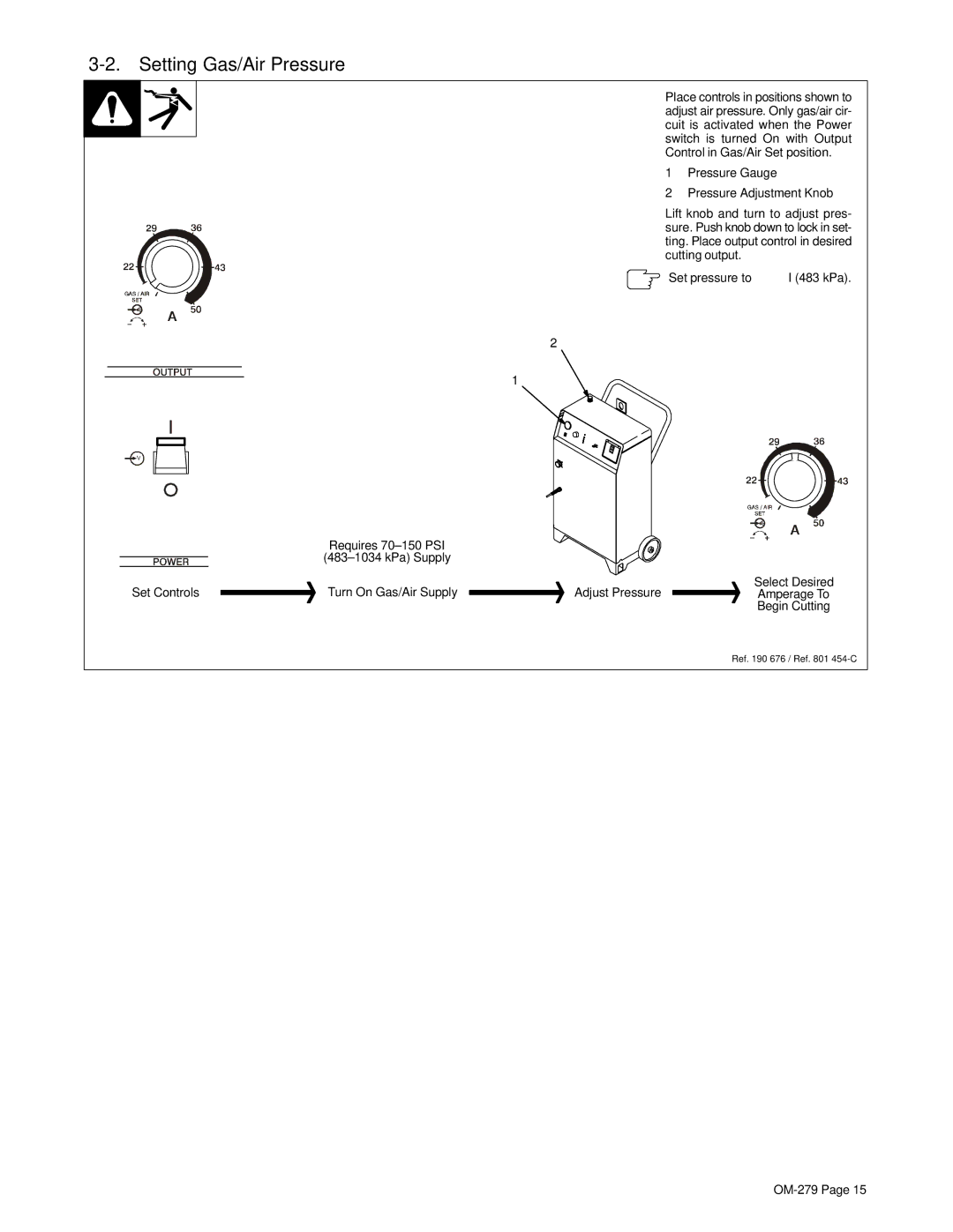 Hobart 750 manual Setting Gas/Air Pressure, Set pressure to 70 PSI 483 kPa 