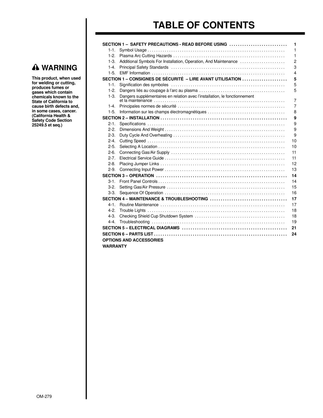 Hobart 750 manual Table of Contents 