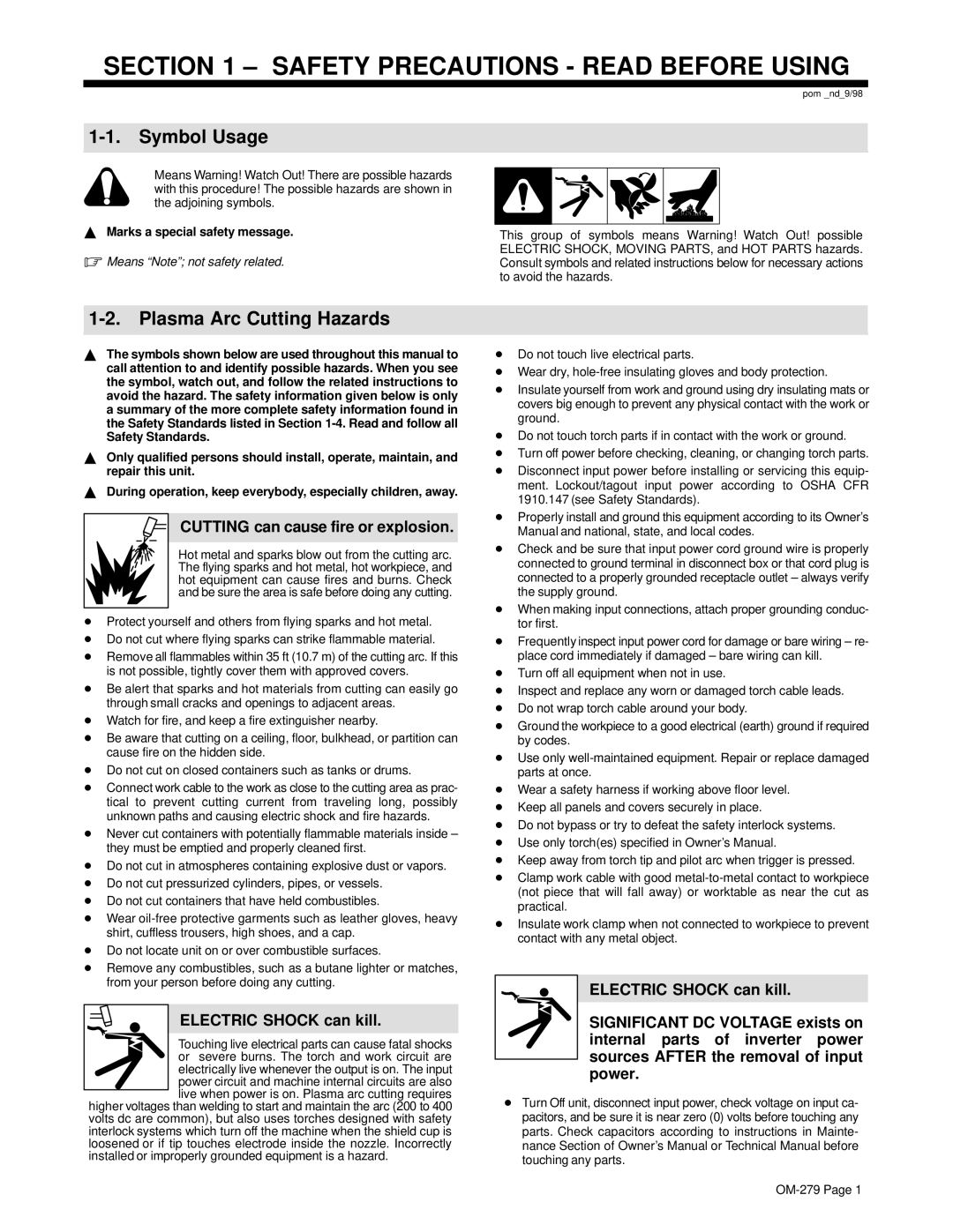 Hobart 750 manual Symbol Usage, Plasma Arc Cutting Hazards, Cutting can cause fire or explosion, Electric Shock can kill 