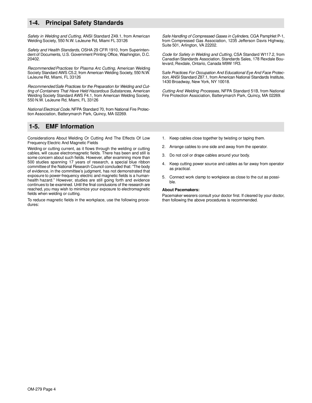 Hobart 750 manual Principal Safety Standards, EMF Information, About Pacemakers 