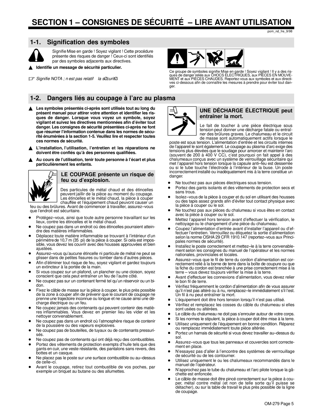 Hobart 750 manual Signification des symboles, LE Coupage pré sente un risque de feu ou d’explosion 