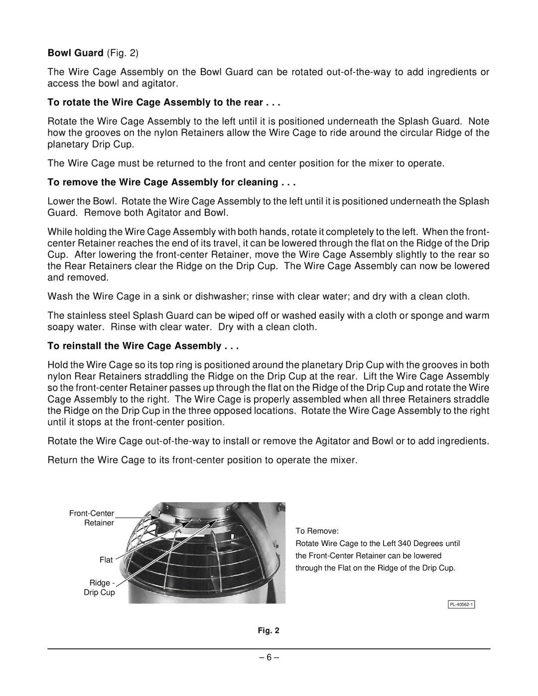 Hobart A200T ML-104568 Bowl Guard Fig, To rotate the Wire Cage Assembly to the rear, To reinstall the Wire Cage Assembly 