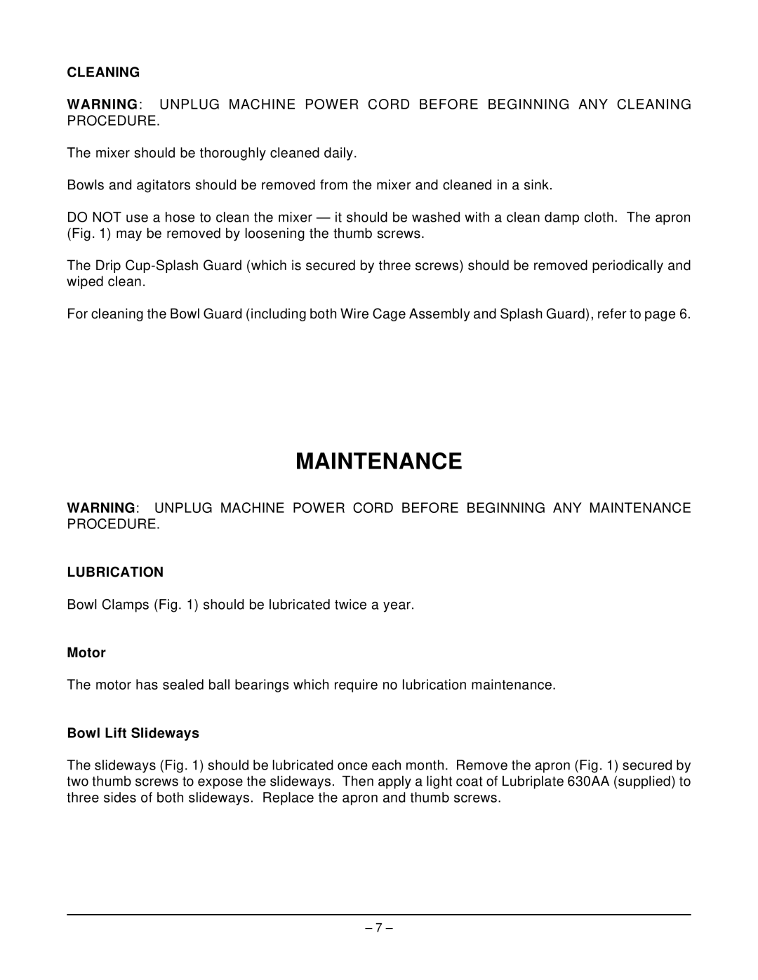 Hobart A200T ML-104568 manual Maintenance, Cleaning, Lubrication, Motor, Bowl Lift Slideways 