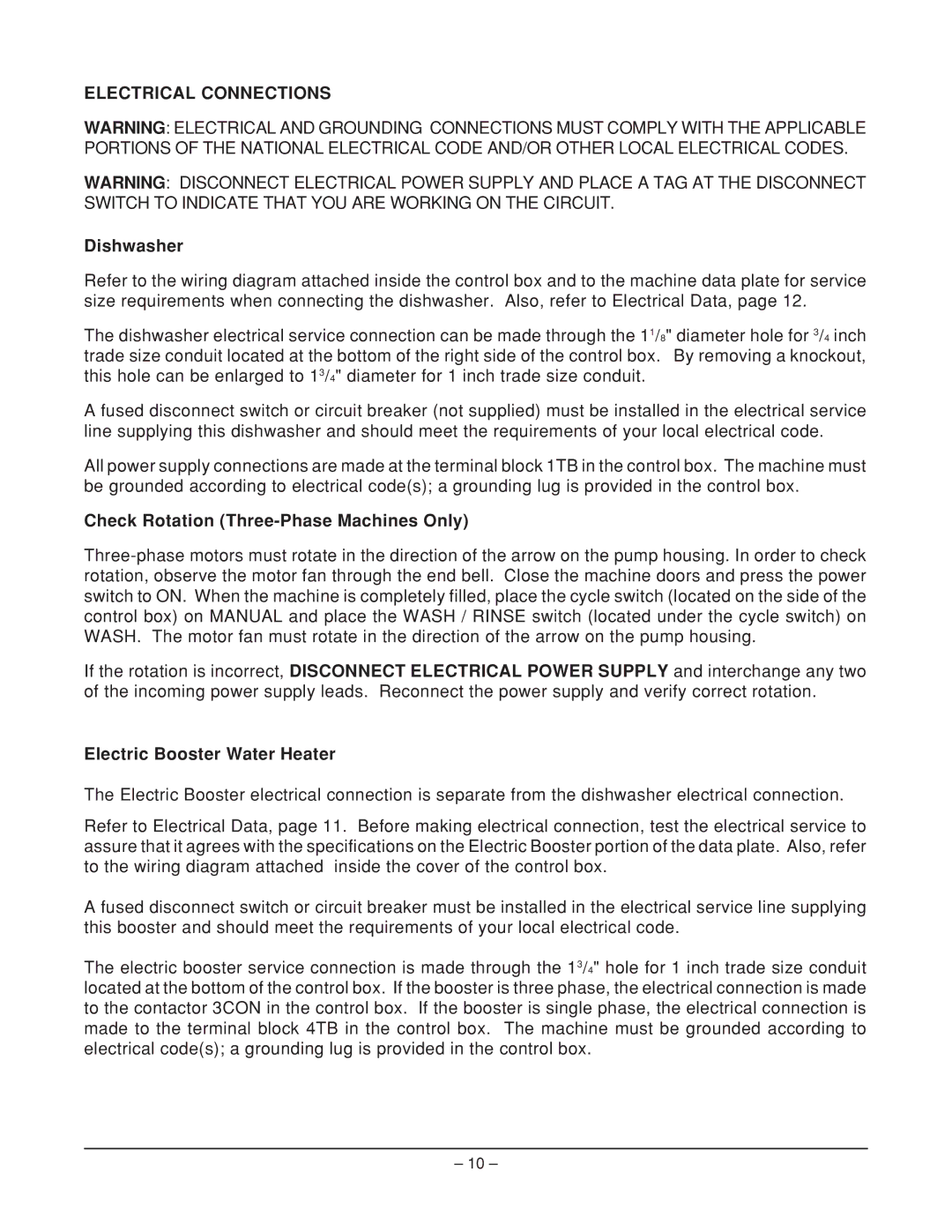 Hobart AM14 ML-110976, AM14C ML-110977 manual Electrical Connections, Dishwasher, Check Rotation Three-Phase Machines Only 