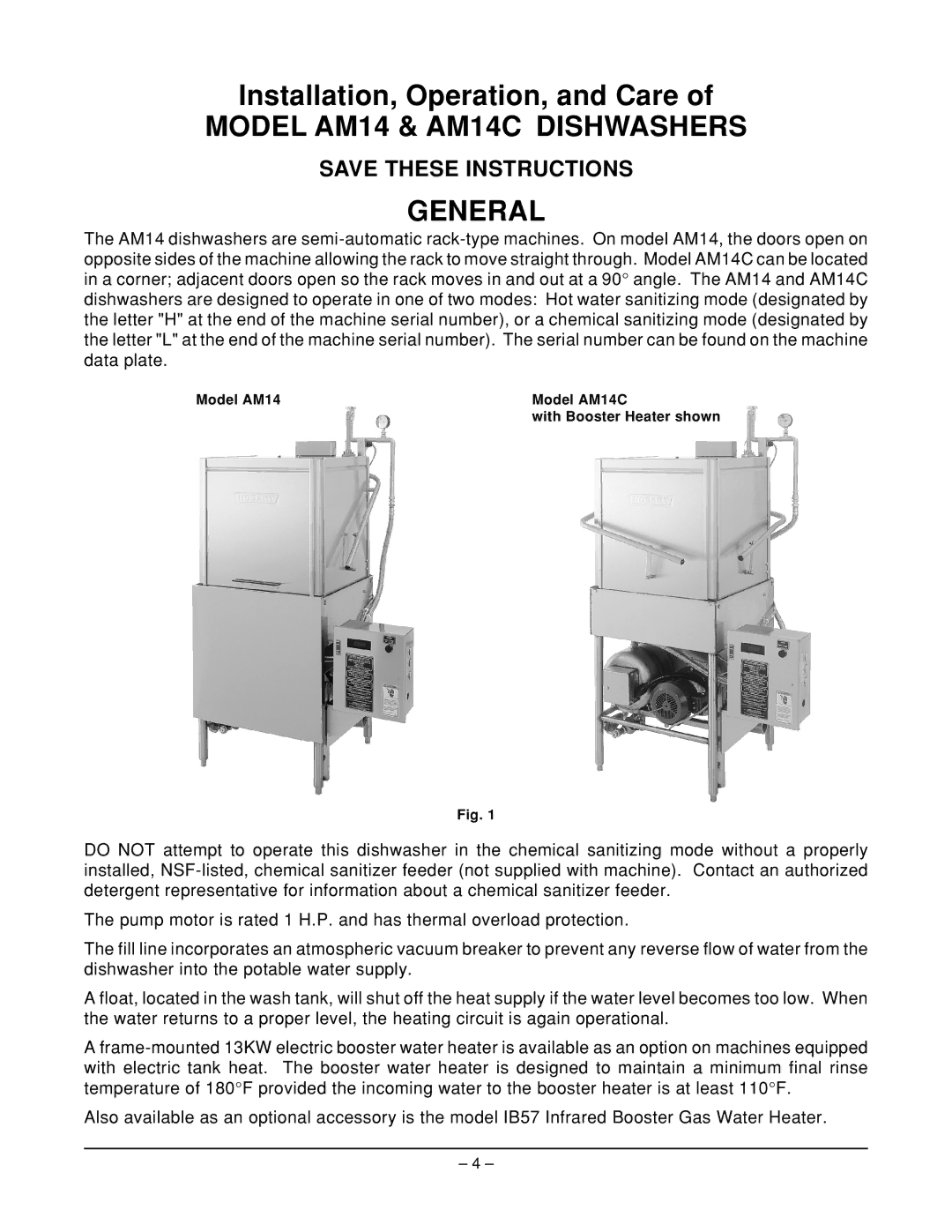 Hobart AM14 ML-110976, AM14C ML-110977 manual Model AM14 & AM14C Dishwashers General 