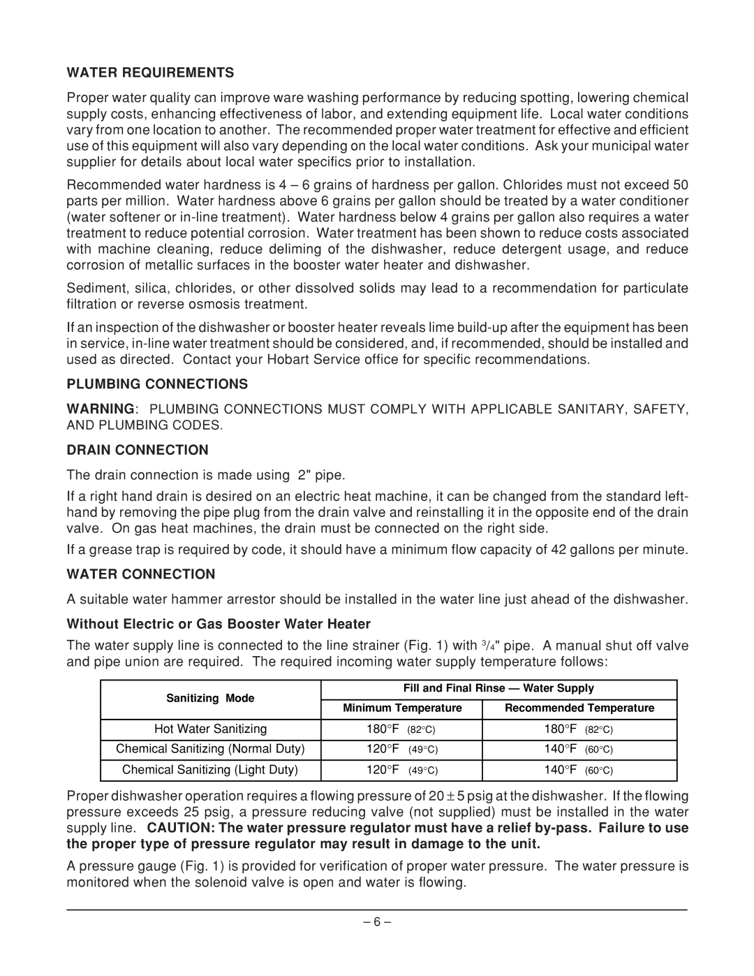 Hobart AM14 ML-110976, AM14C ML-110977 manual Water Requirements, Plumbing Connections Drain Connection, Water Connection 