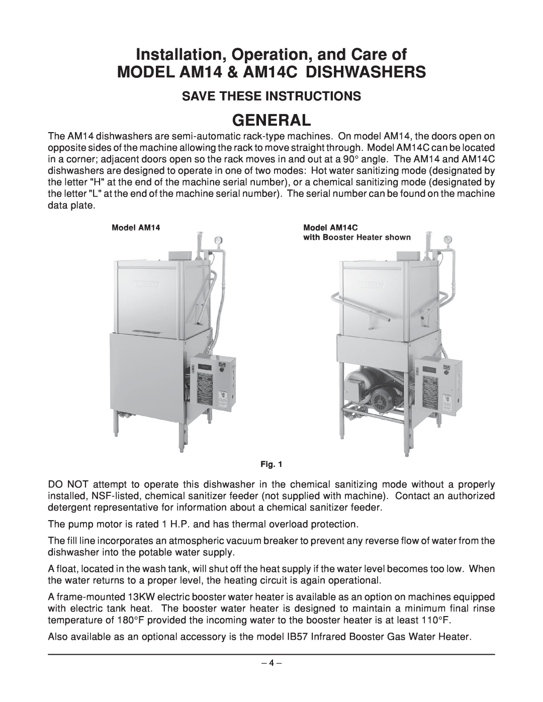 Hobart AM14 ML-110976, AM14C ML-110977 manual Installation, Operation, and Care of, MODEL AM14 & AM14C DISHWASHERS, General 