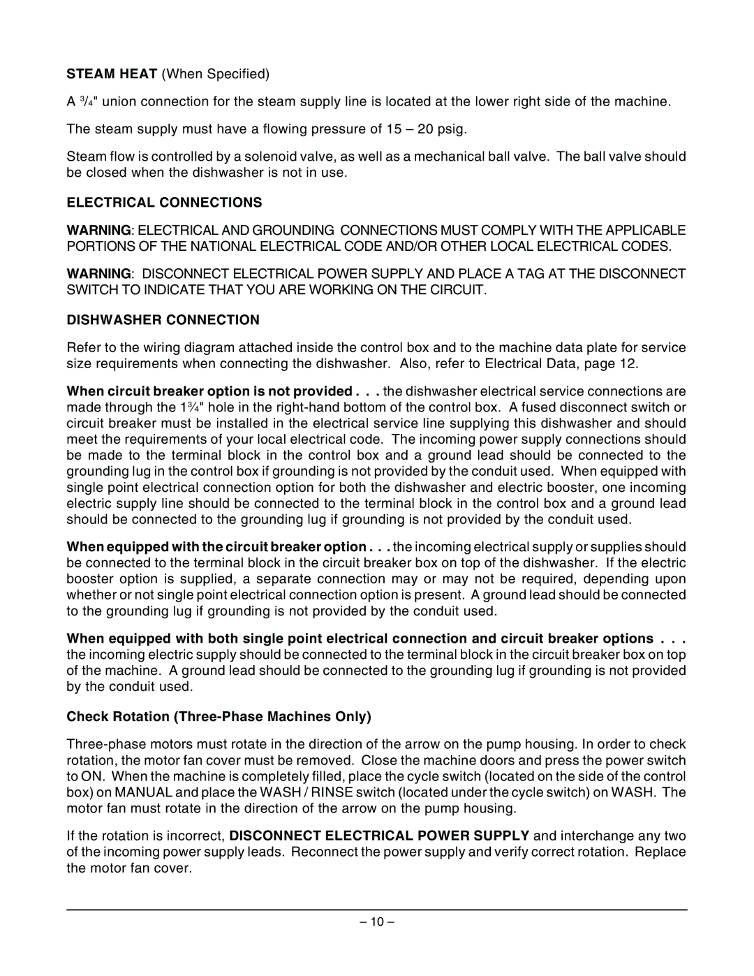 Hobart AM14C ML-32615 manual Electrical Connections Dishwasher Connection, Check Rotation Three-Phase Machines Only 