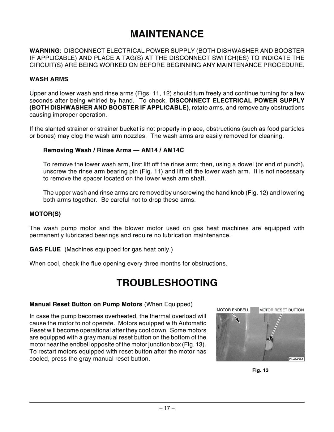 Hobart AM14 ML-32614, AM14C ML-32615 manual Maintenance, Troubleshooting, Wash Arms, Motors 