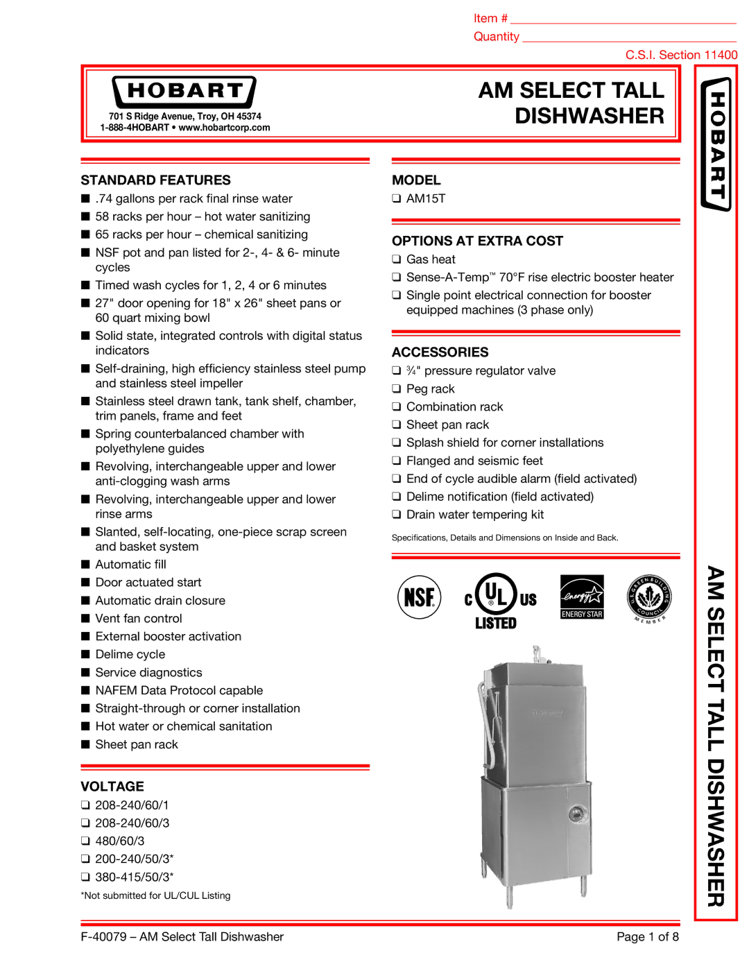 Hobart 200-240/60/3*, AM15T, 380-415/50/3*, 480/60/3, 208-240/60/3 dimensions AM Select Tall Dishwasher 