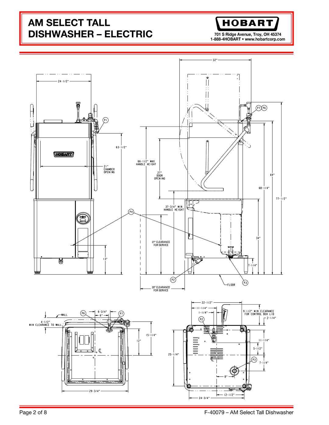 Hobart 380-415/50/3*, AM15T, 200-240/60/3*, 480/60/3, 208-240/60/3 dimensions AM Select Tall Dishwasher Electric 