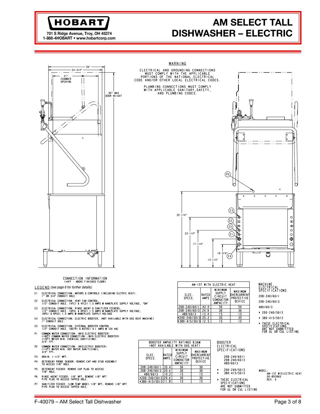 Hobart 480/60/3, AM15T, 200-240/60/3*, 380-415/50/3*, 208-240/60/3 dimensions AM Select Tall Dishwasher Electric 