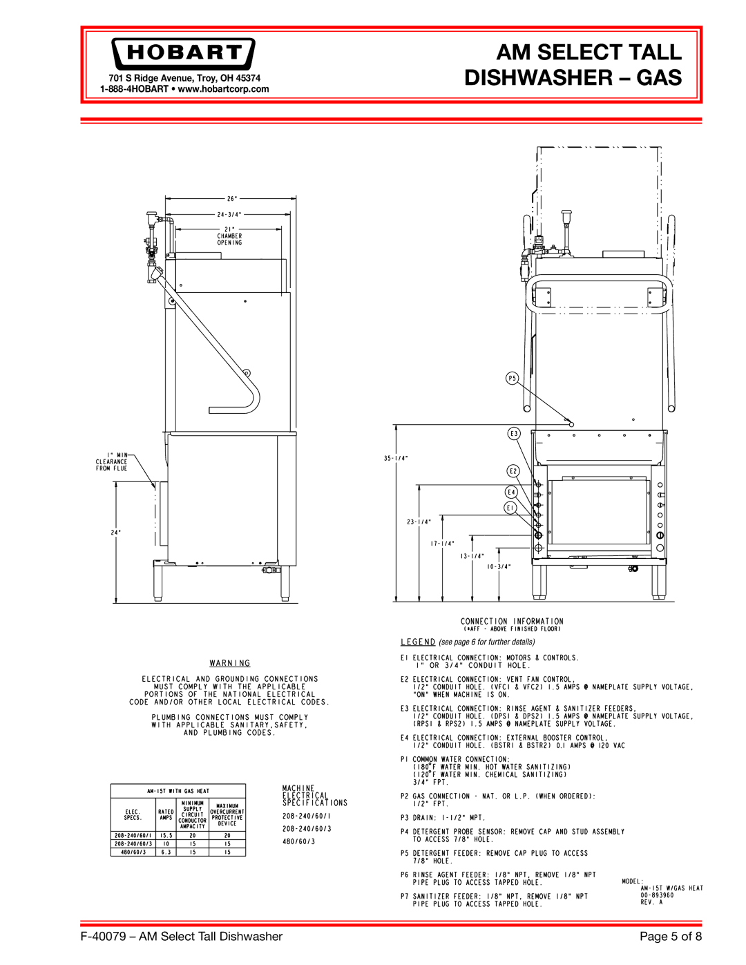 Hobart AM15T, 200-240/60/3*, 380-415/50/3*, 480/60/3, 208-240/60/3 dimensions AM Select Tall Dishwasher GAS 