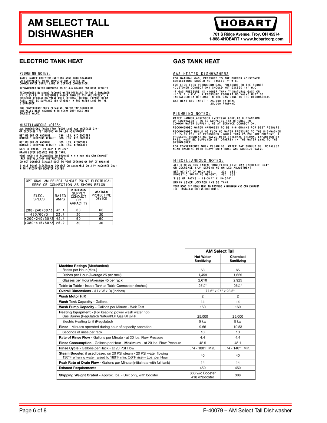 Hobart 200-240/60/3*, AM15T, 380-415/50/3*, 480/60/3, 208-240/60/3 dimensions AM Select Tall Dishwasher, Electric Tank Heat 
