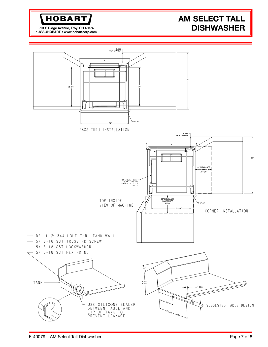 Hobart 380-415/50/3*, AM15T, 200-240/60/3*, 480/60/3, 208-240/60/3 dimensions AM Select Tall Dishwasher 