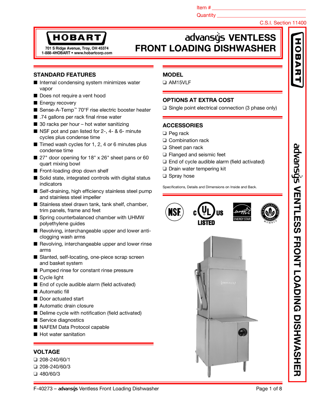 Hobart AM15VLF dimensions Ventless 