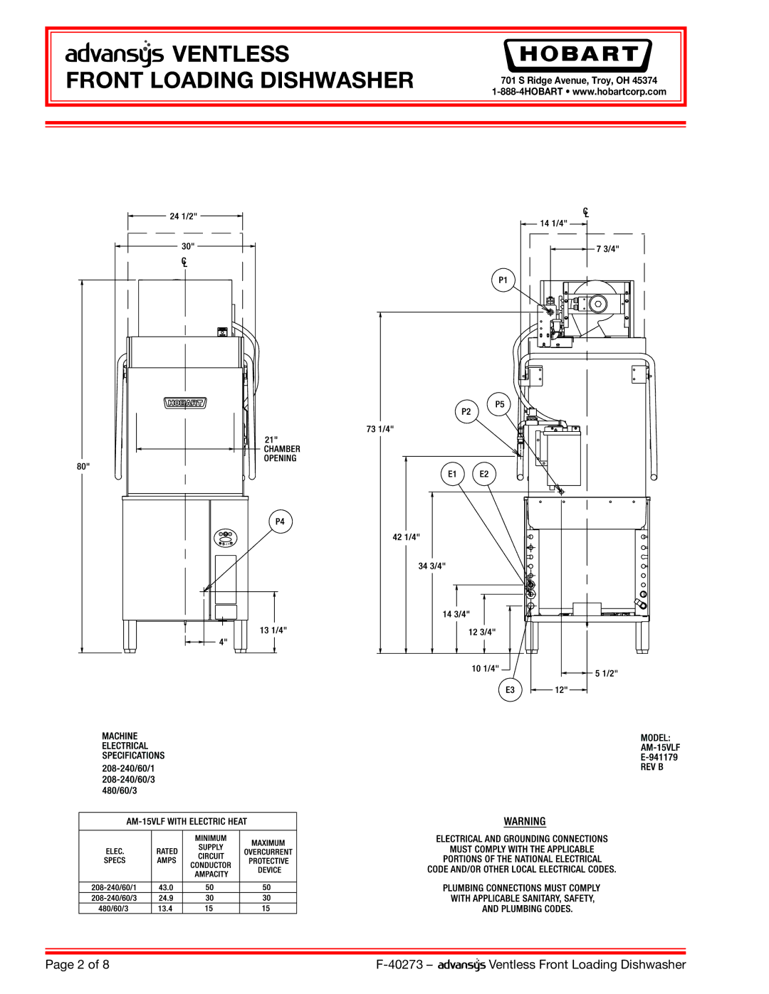 Hobart AM15VLF dimensions Ventless 