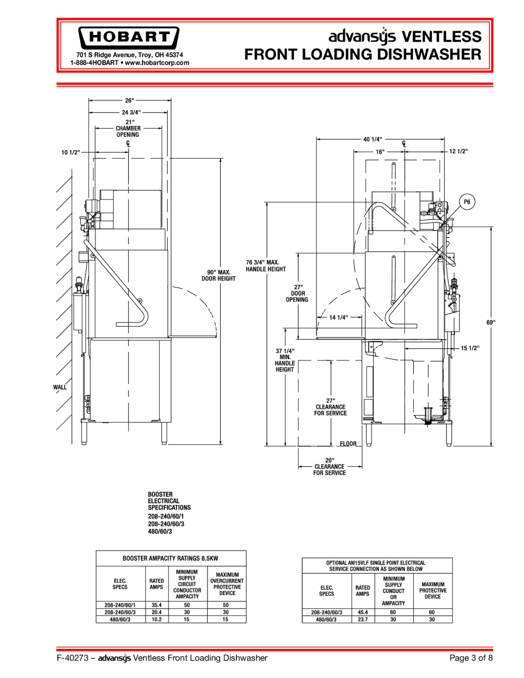 Hobart AM15VLF dimensions Ventless Front Loading Dishwasher 