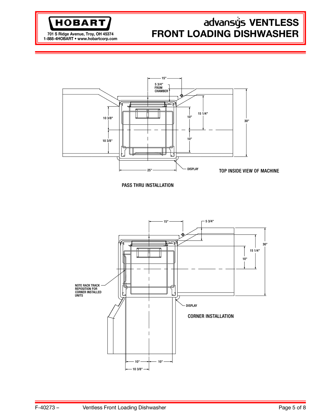 Hobart AM15VLF dimensions Ventless Front Loading Dishwasher 