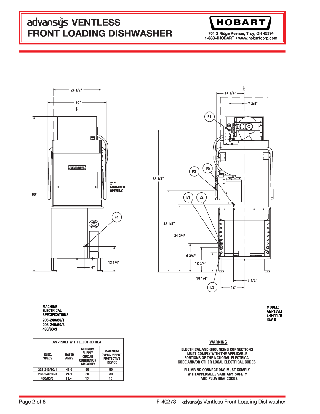 Hobart AM15VLF dimensions Ventless Front Loading Dishwasher, Page 2 of, F-40273, S Ridge Avenue, Troy, OH 