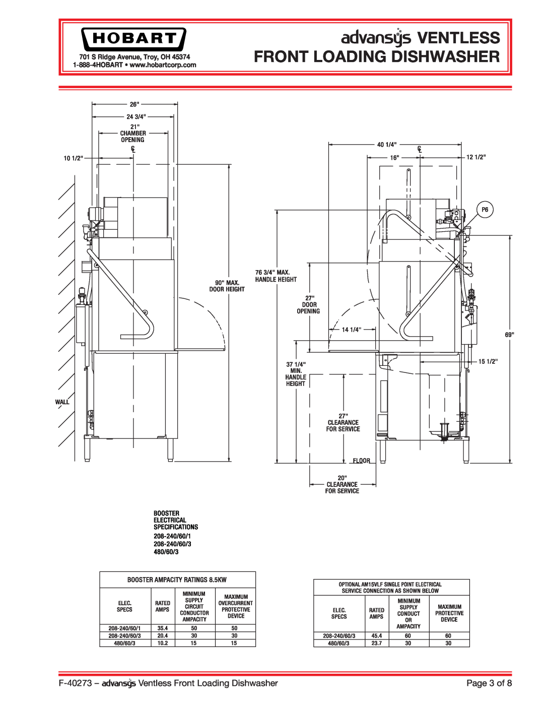 Hobart AM15VLF dimensions Ventless Front Loading Dishwasher, F-40273, Page 3 of, S Ridge Avenue, Troy, OH 