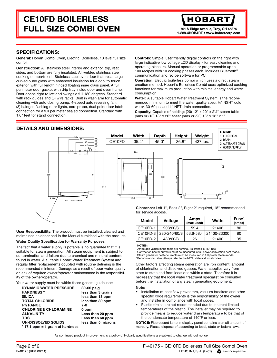 Hobart CE10FD Specifications, Details and Dimensions, Model Width Depth Height Weight, Model Voltage Amps Watts Fuse 