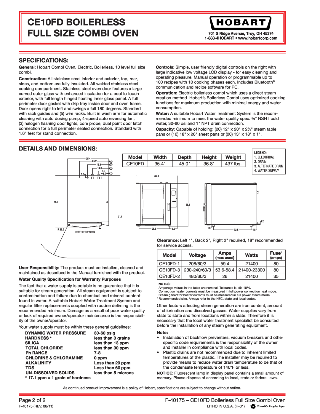 Hobart Specifications, Details And Dimensions, Page 2 of, CE10FD BOILERLESS FULL SIZE COMBI OVEN, Model, Width, Depth 