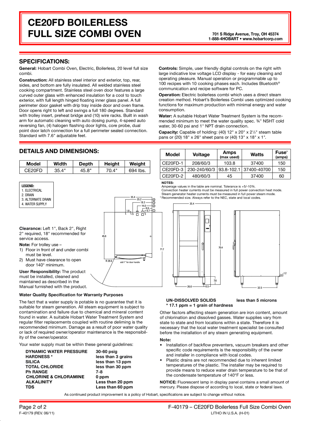 Hobart CE20FD warranty Specifications, Details and Dimensions, Model Width Depth Height Weight, 35.4 45.8 70.4 694 lbs 