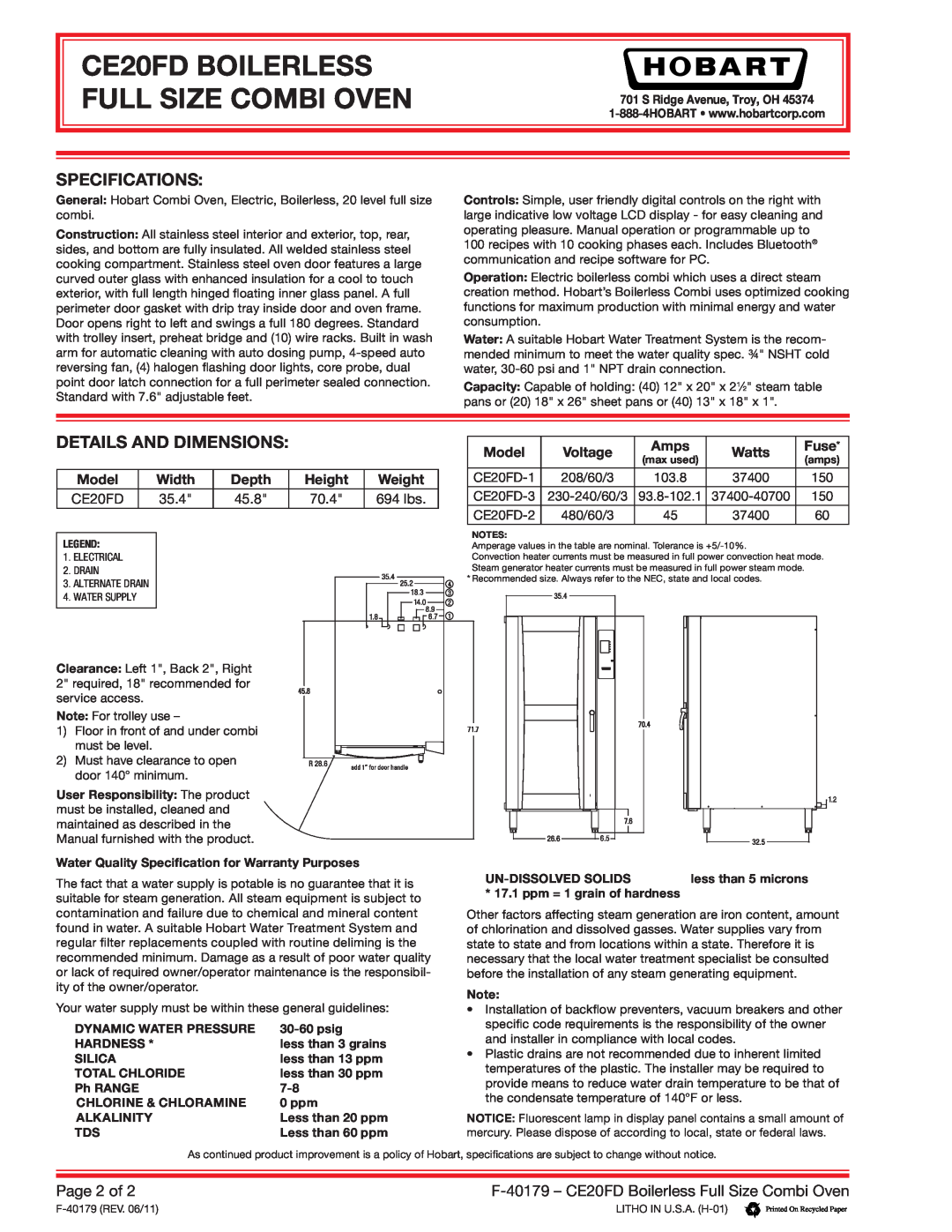 Hobart Specifications, Details And Dimensions, Page 2 of, CE20FD BOILERLESS FULL SIZE COMBI OVEN, Model, Width, Depth 