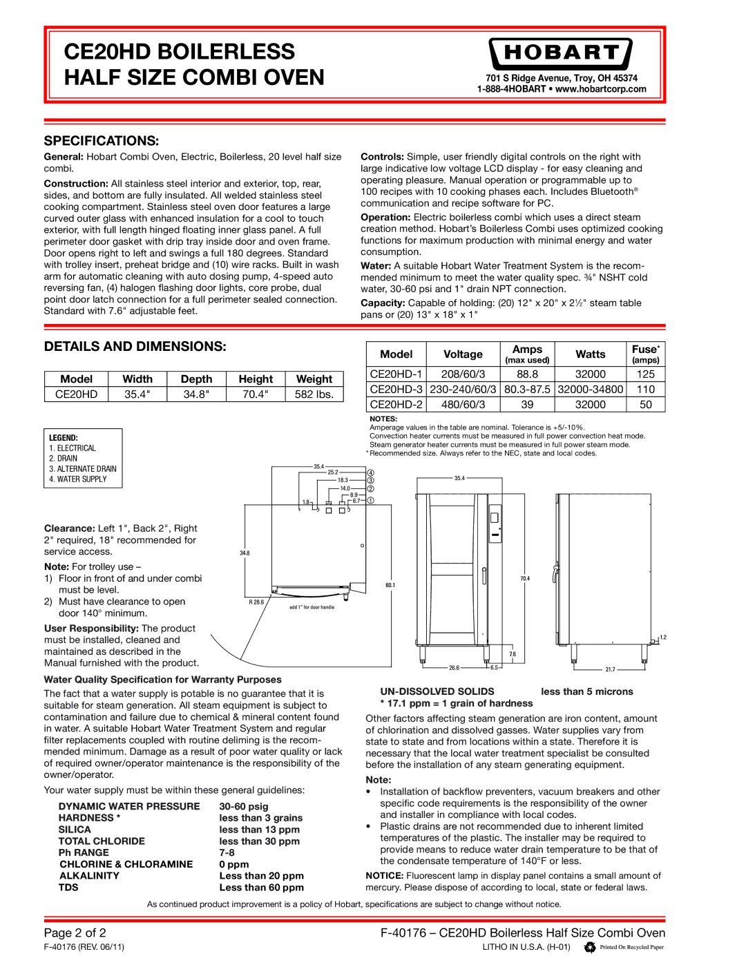 Hobart CE20HD warranty Specifications, Details and Dimensions 