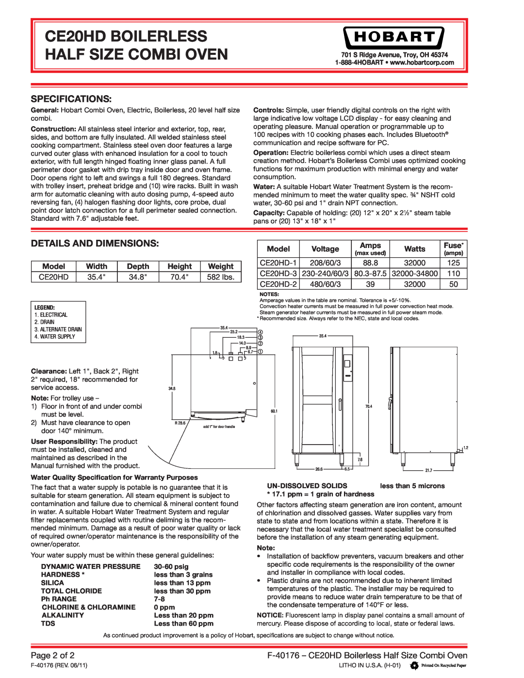 Hobart Specifications, Details And Dimensions, Page 2 of, CE20HD BOILERLESS HALF SIZE COMBI OVEN, Model, Width, Depth 