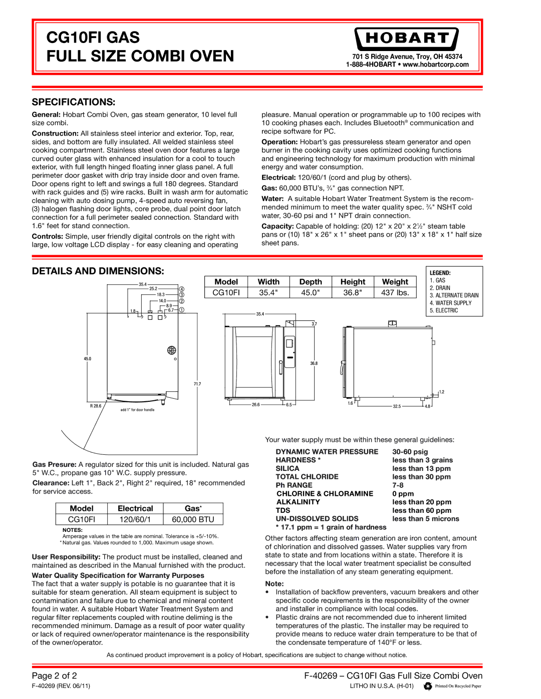 Hobart CG10FI warranty Specifications, Details and Dimensions 