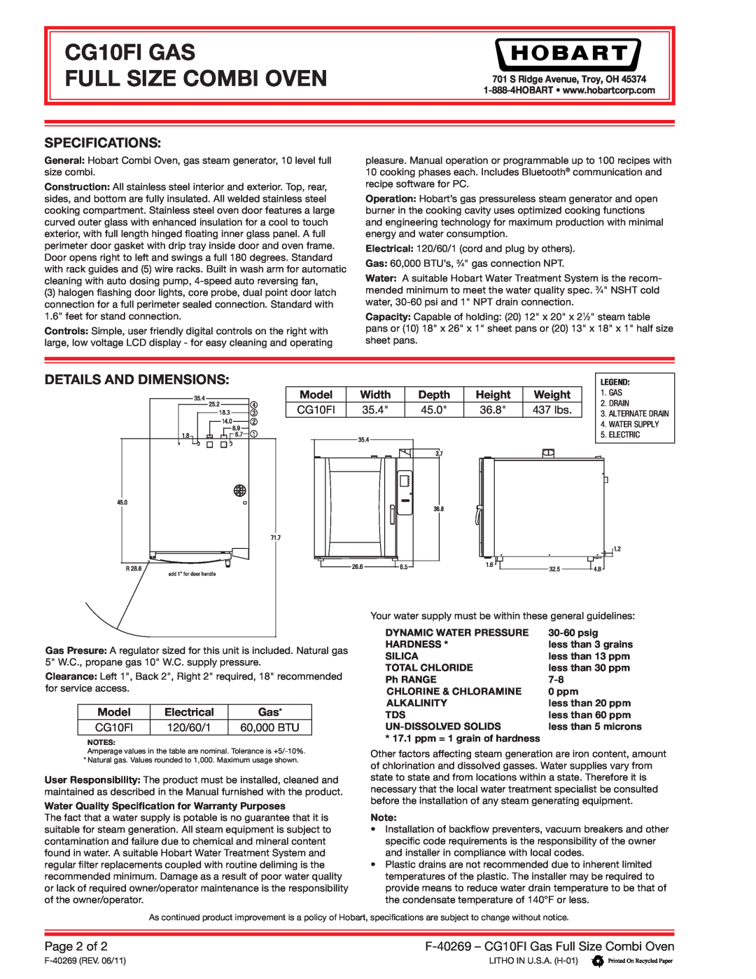 Hobart Specifications, Details And Dimensions, Page 2 of, CG10FI GAS FULL SIZE COMBI OVEN, Model, Width, Depth, Height 