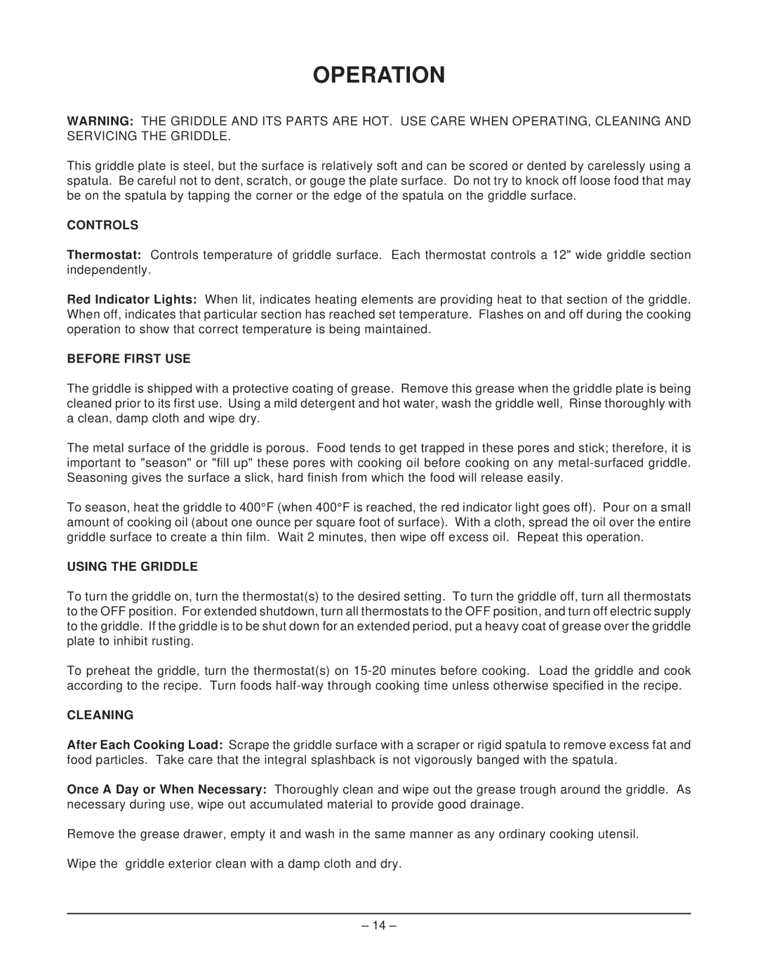 Hobart CG55 ML-CG55480S001, CG20 ML-43120 manual Operation, Controls, Before First USE, Using the Griddle, Cleaning 