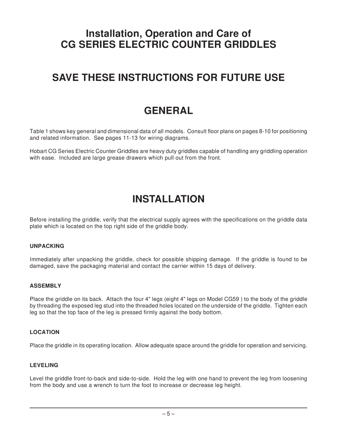 Hobart CG55 ML-CG55240S001, CG20 ML-43120, CG55 ML-CG55480S001 manual Installation, Unpacking, Assembly, Location, Leveling 