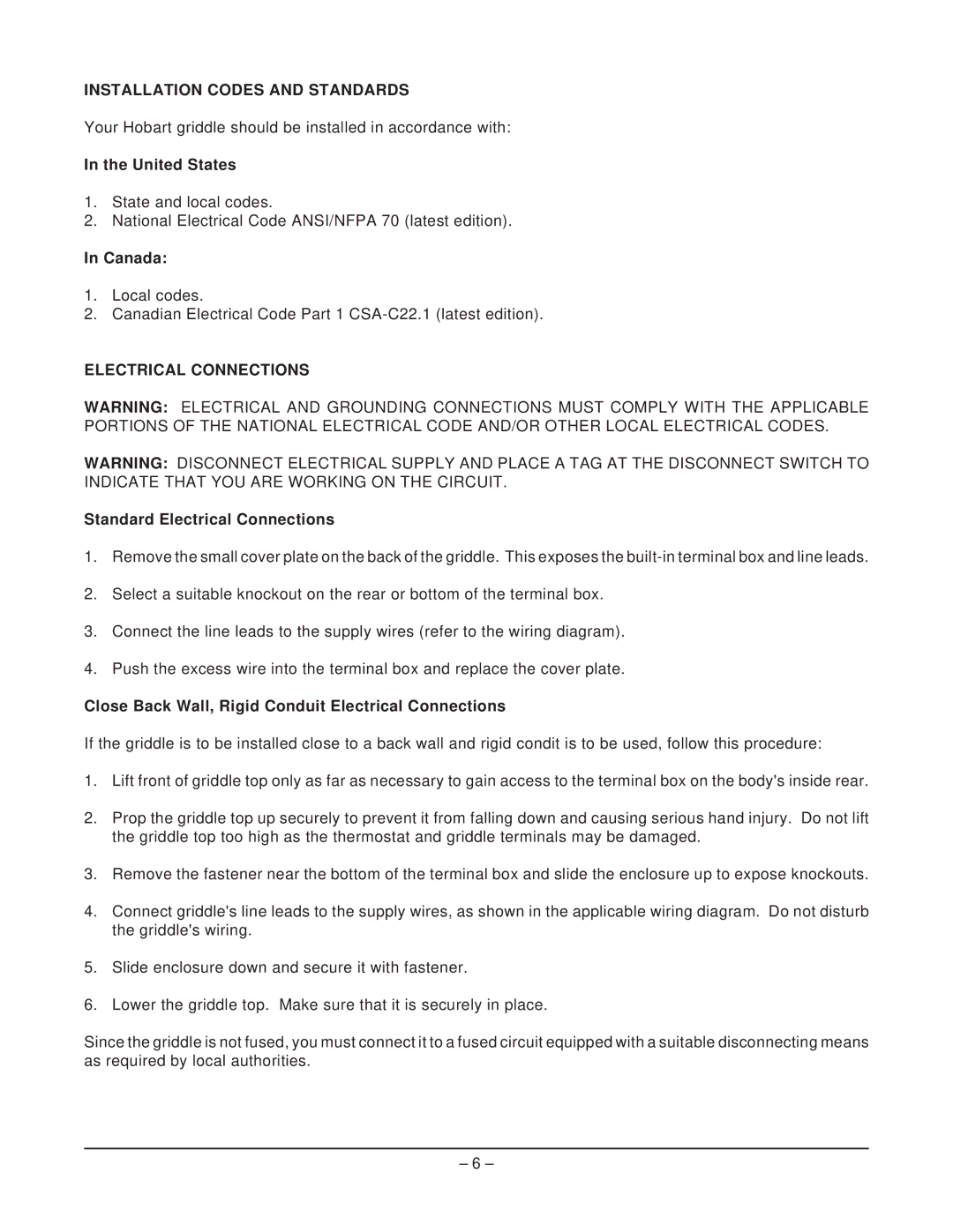 Hobart CG41 ML-CG41240S001, CG20 ML-43120, CG55 ML-CG55480S001 Installation Codes and Standards, Electrical Connections 