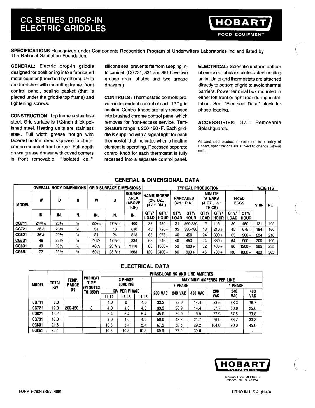 Hobart CG721, CG851, CG731, CG831, CG821, CG711 manual 