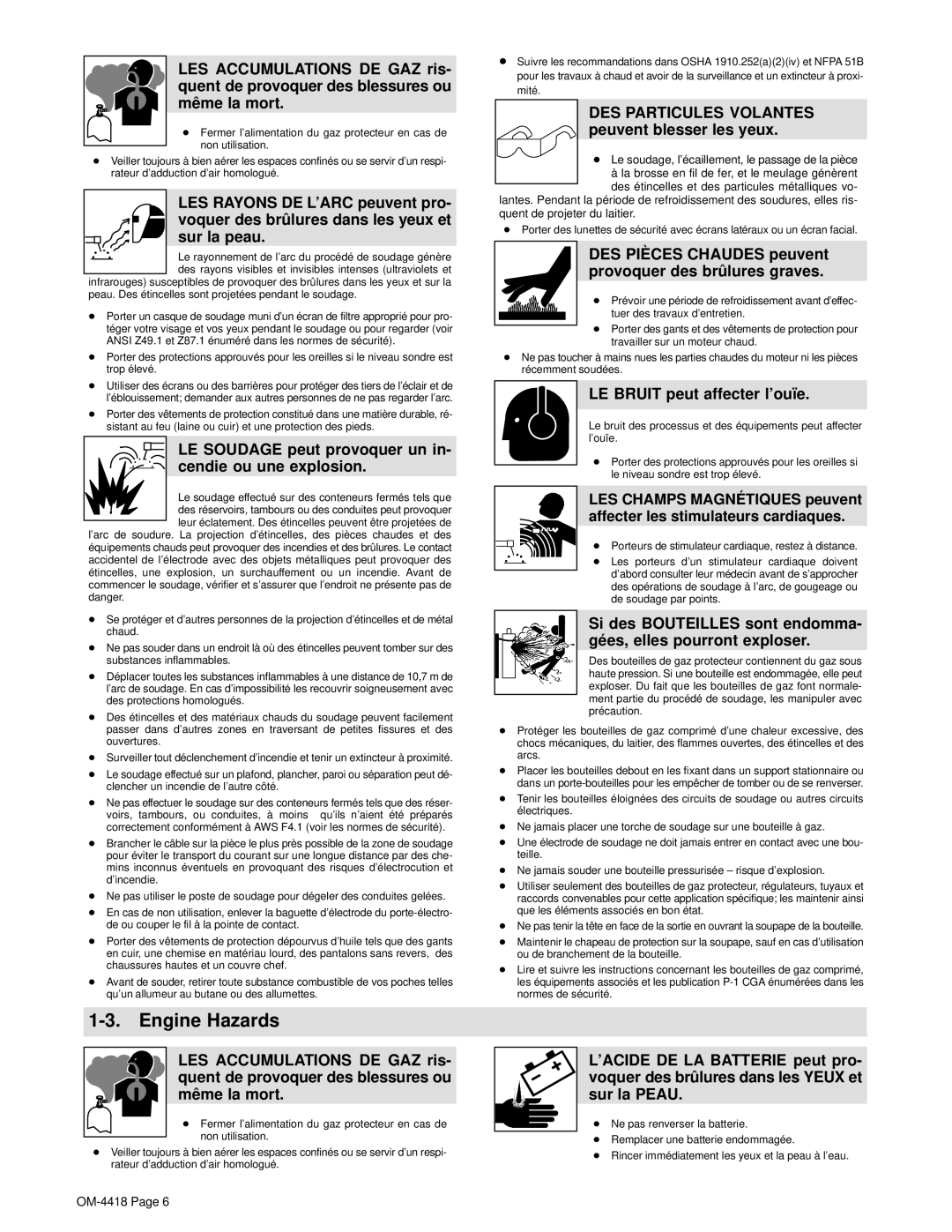 Hobart Champion 4500 manual LE Soudage peut provoquer un in- cendie ou une explosion, LE Bruit peut affecter l’ouïe 