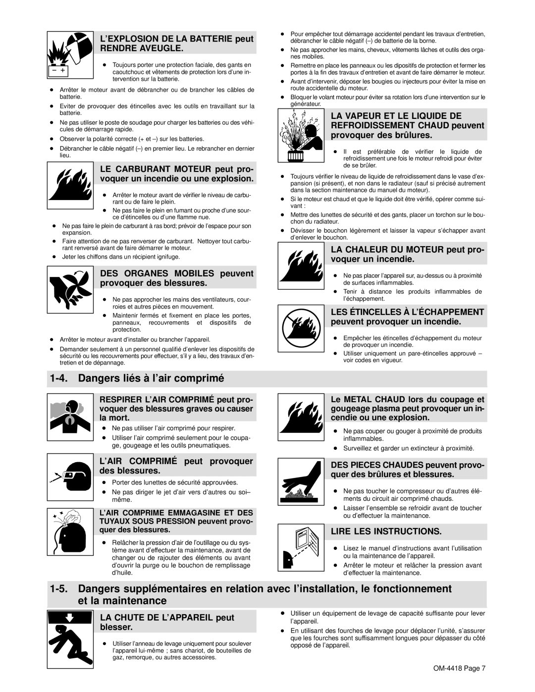 Hobart Champion 4500 manual ’EXPLOSION DE LA Batterie peut, DES Organes Mobiles peuvent provoquer des blessures 