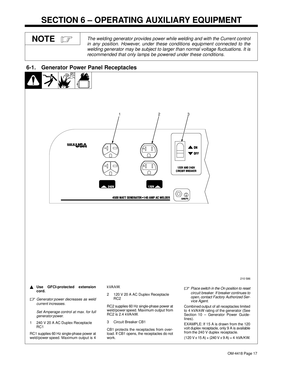 Hobart Champion 4500 Operating Auxiliary Equipment, Generator Power Panel Receptacles, Use GFCI-protected extension cord 