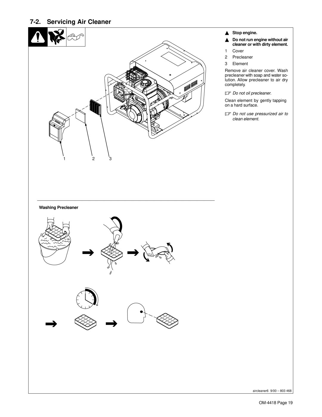 Hobart Champion 4500 manual Servicing Air Cleaner, Stop engine, Clean element by gently tapping on a hard surface 