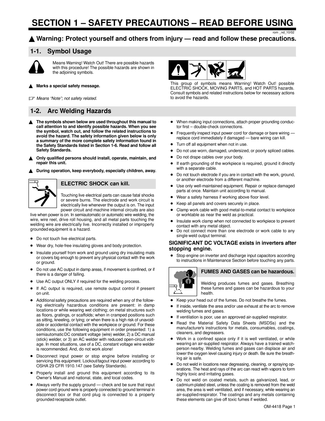 Hobart Champion 4500 manual Arc Welding Hazards, Electric Shock can kill, Fumes and Gases can be hazardous, OM-4418 