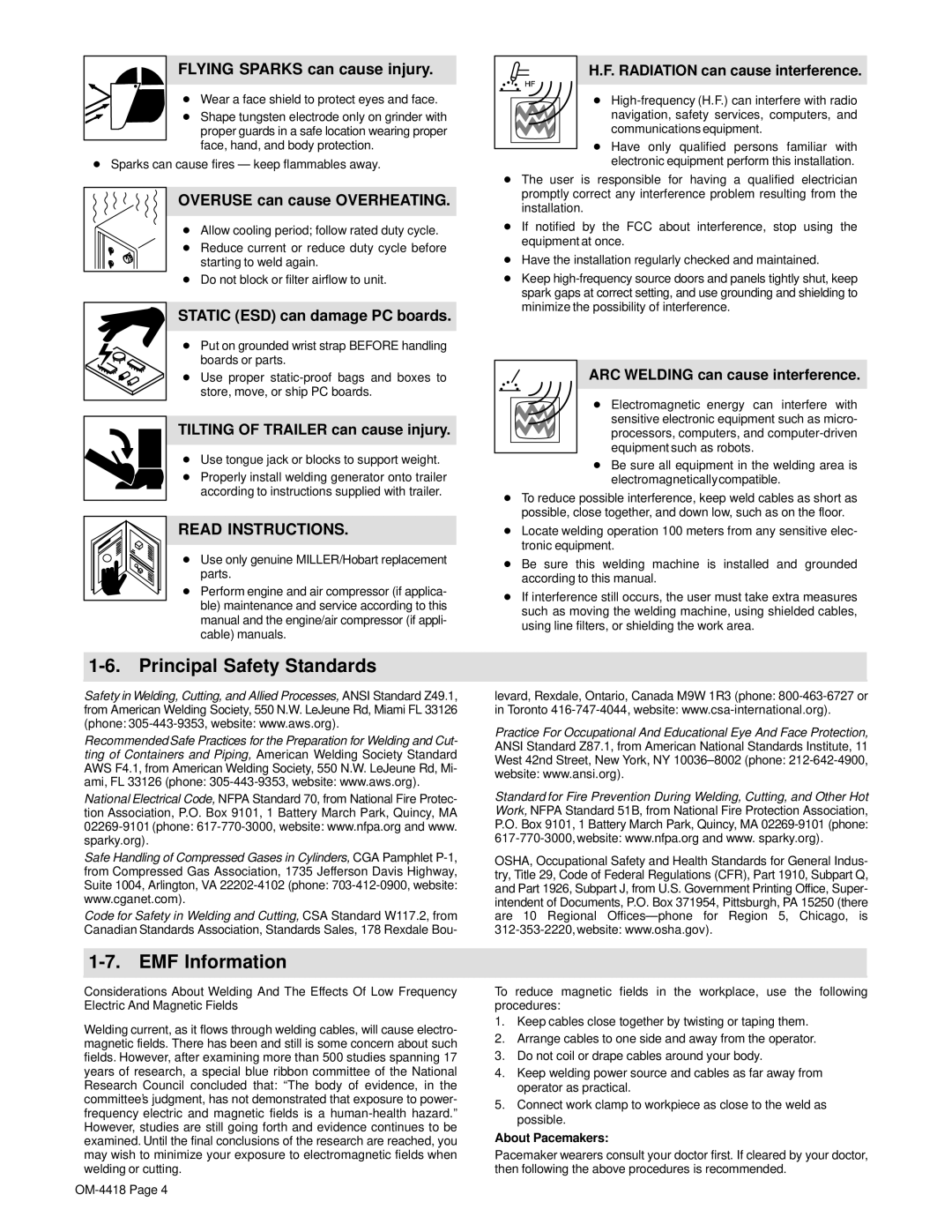 Hobart Champion 4500 manual Principal Safety Standards, EMF Information 