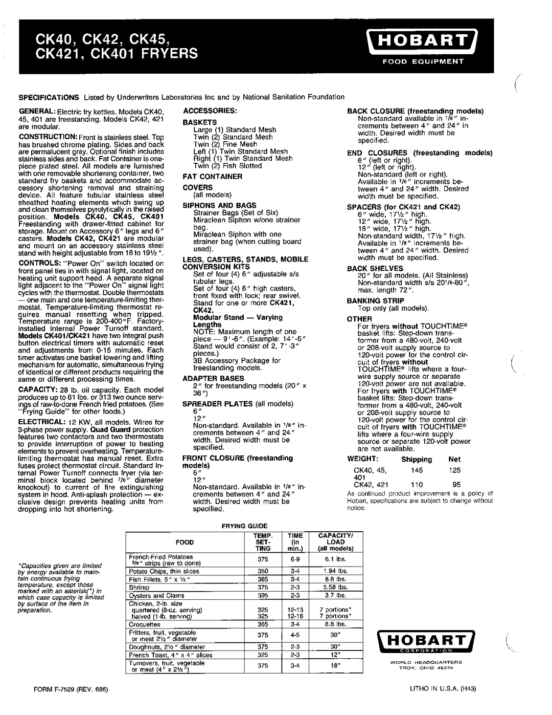 Hobart CK45, CK401, CK421 manual 