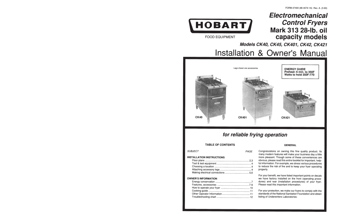 Hobart CK45, CK401, CK421 manual 