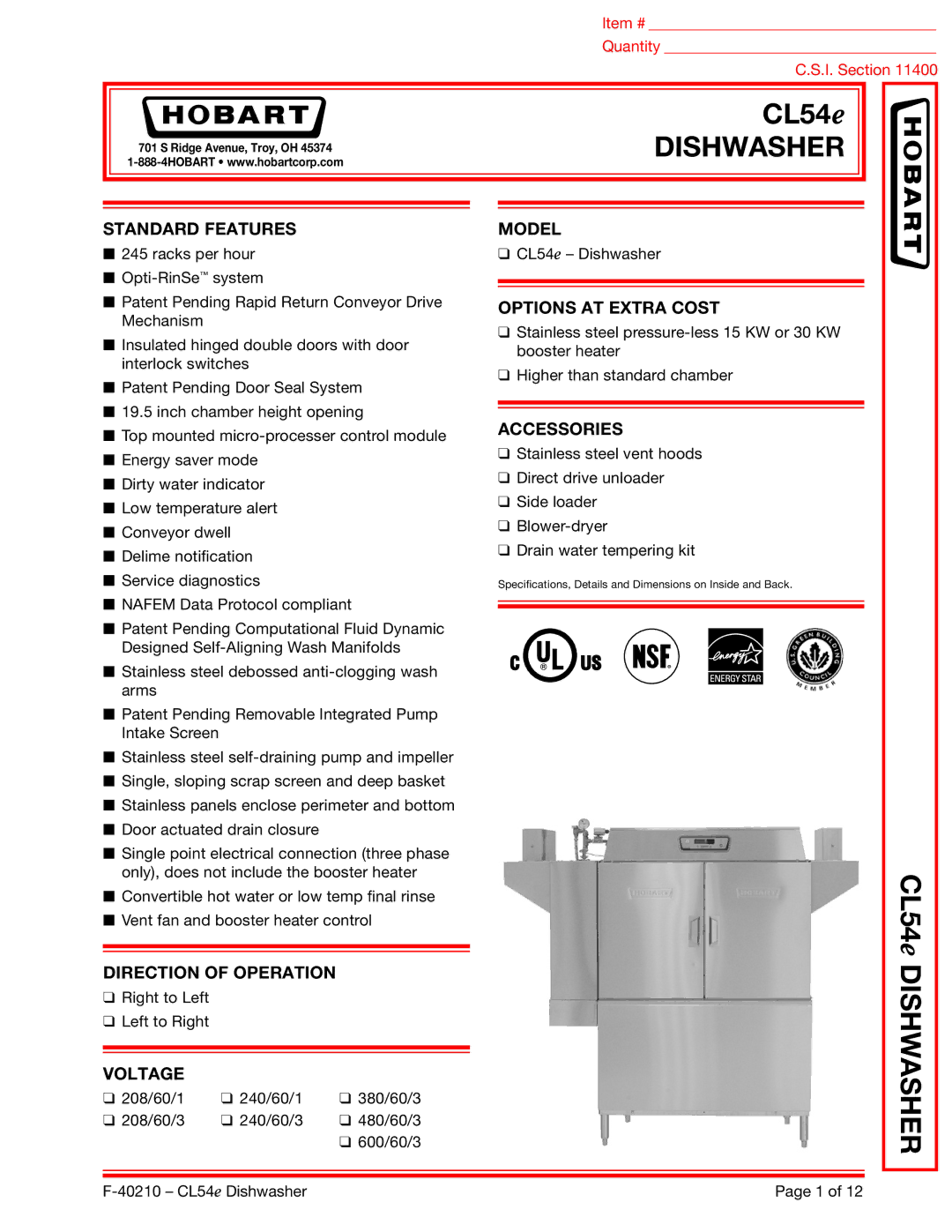 Hobart CL54E dimensions Dishwasher 