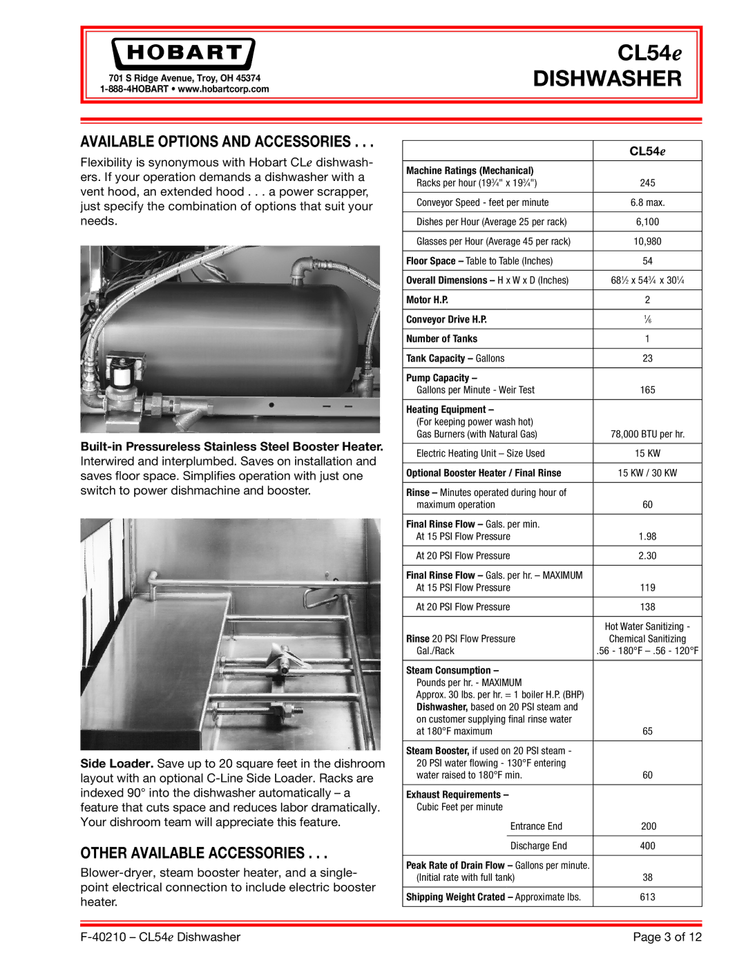 Hobart CL54E dimensions Other Available Accessories 